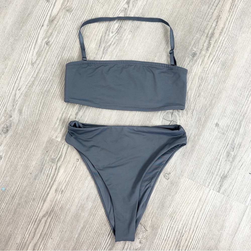 Skims Signature Bandeau Swim Top & Mid Waist Bikini Bottom Set Gunmetal size XS